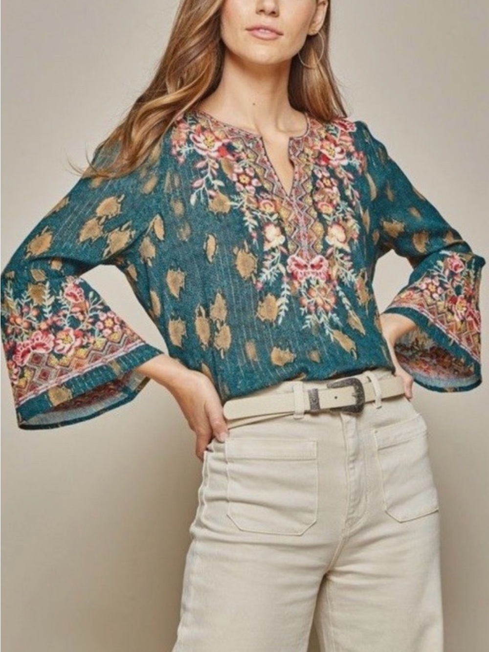 Savanna Jane Embroidered Bohemian Top Size S Floral Bell Sleeve Hippie Tunic